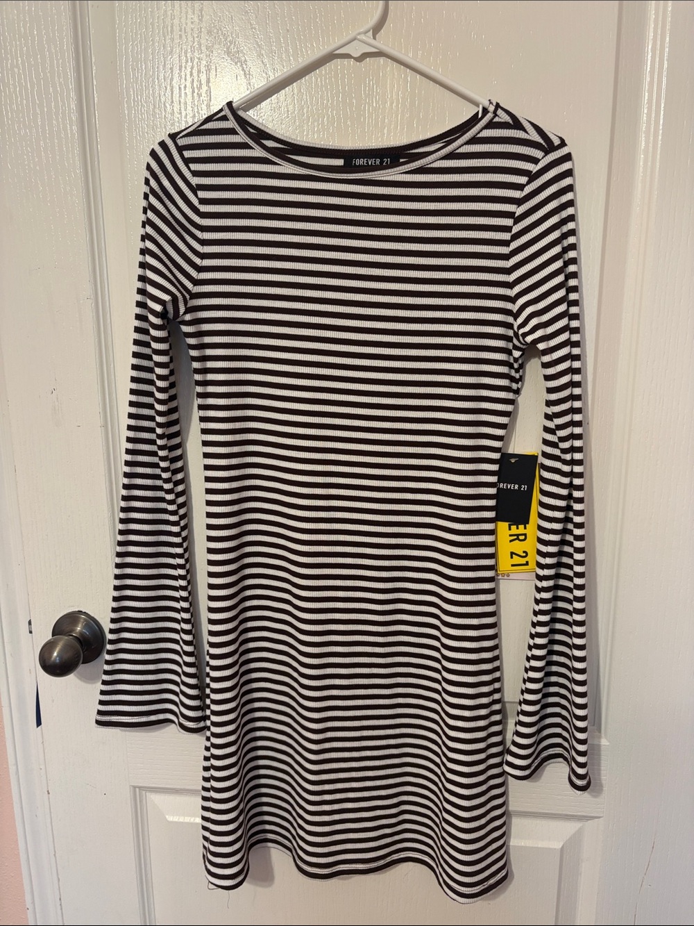 Forever 21 Brown & White Striped Long Sleeve Dress